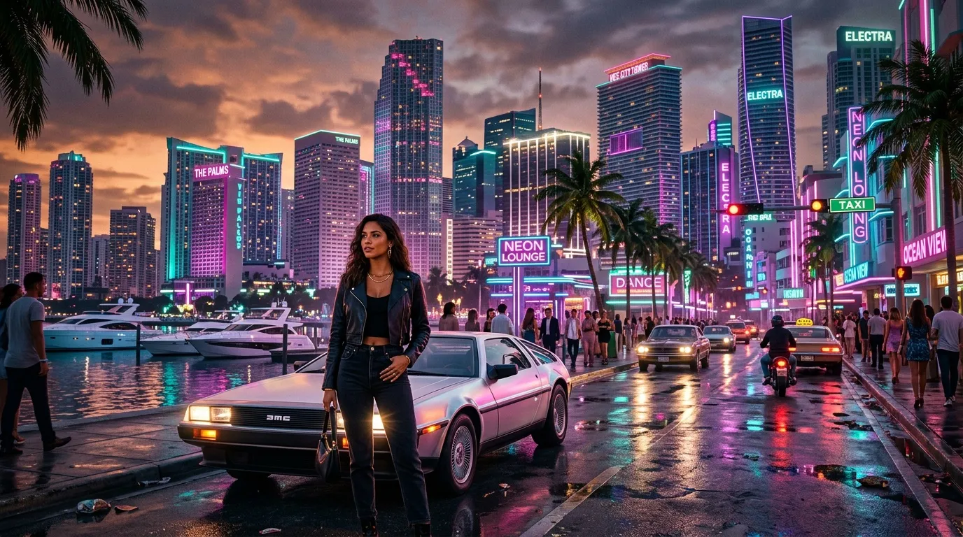 Frau vor DeLorean in neonbeleuchteter futuristischer Stadtlandschaft