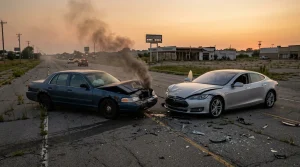 Zwei Autos kollidieren auf verlassener Straße bei Sonnenuntergang