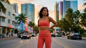 Frau in rotem Outfit steht auf einer Straße in Miami.
