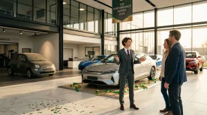 Verkäufer präsentiert weißes Elektroauto Kundenpaaren Showroom