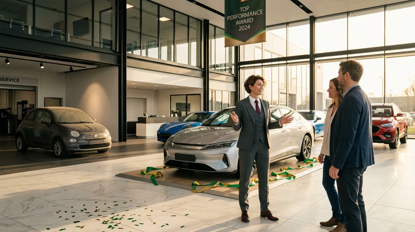 Verkäufer präsentiert weißes Elektroauto Kundenpaaren Showroom