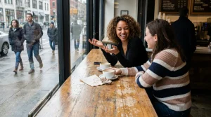 Zwei lächelnde Frauen trinken Kaffee am Fenster einer Kaffeebar