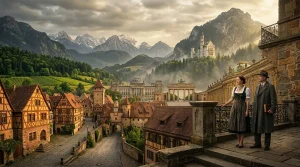 Paar blickt auf Schloss Neuschwanstein und Alpenpanorama
