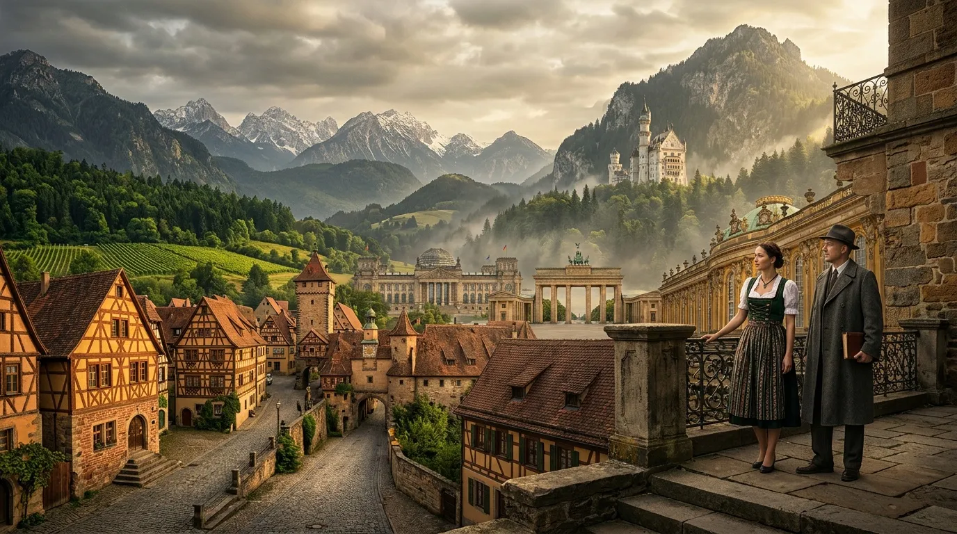 Paar blickt auf Schloss Neuschwanstein und Alpenpanorama