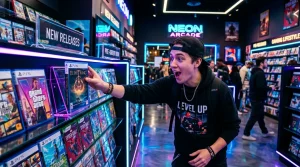 Mann hält Elden Ring Spiel in leuchtendem Arcade-Laden