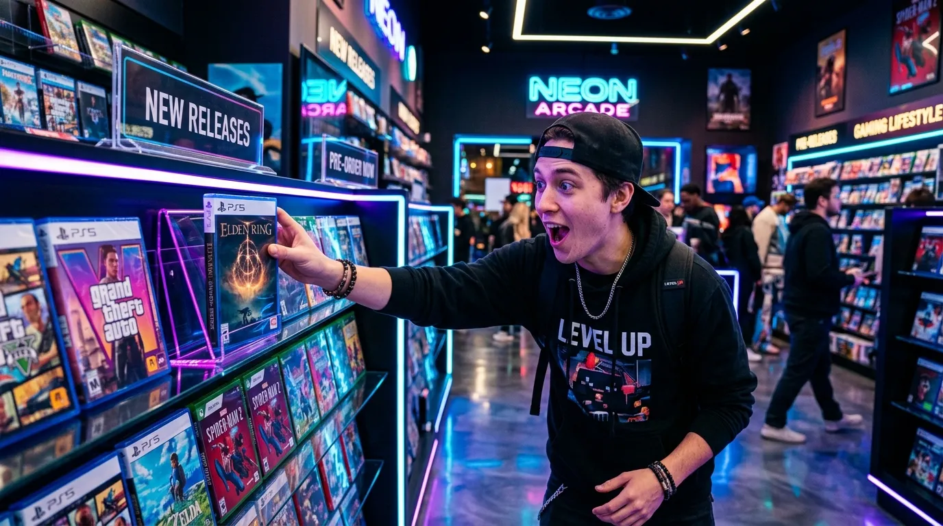 Mann hält Elden Ring Spiel in leuchtendem Arcade-Laden