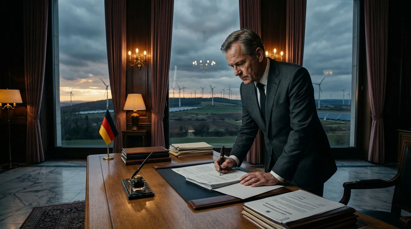 Mann im Anzug unterzeichnet Dokument an Schreibtisch mit Deutschlandflagge