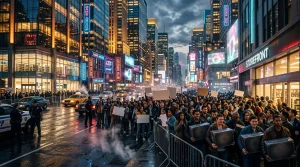 Menschenmenge mit Laptops protestiert in beleuchteter Stadtstraße
