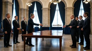Diplomaten in formeller Sitzung im prächtigen Regierungsgebäude