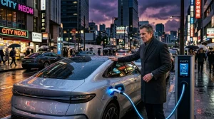 Mann lädt Elektroauto an Ladestation in Großstadt