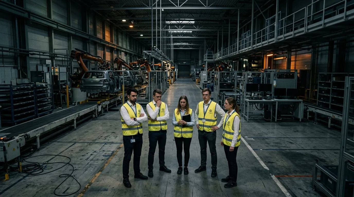 Fünf Arbeiter in Warnwesten in einer Autofabrik