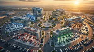 Luftaufnahme eines modernen Autoservice-Komplexes mit mehreren Gebäuden