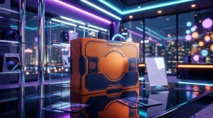 Orangefarbene technische Box in futuristischem Neon-Interieur