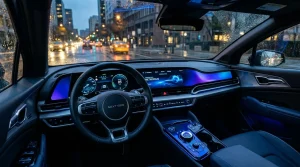 Modernes Fahrzeug-Inneres mit blauer Beleuchtung und Stadtansicht.