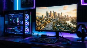 Moderner Gaming-PC mit Monitor zeigt Stadtansicht