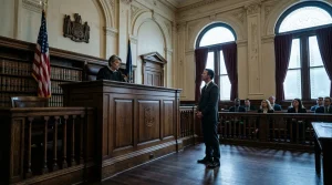 Anwalt spricht vor Richter und Jury im Gerichtssaal