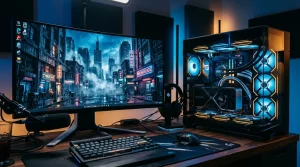Gaming-PC mit blauer LED-Beleuchtung und ultrabreitem Monitor