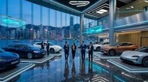 Modernes Autohaus mit Geschäftsleuten und Luxusfahrzeugen