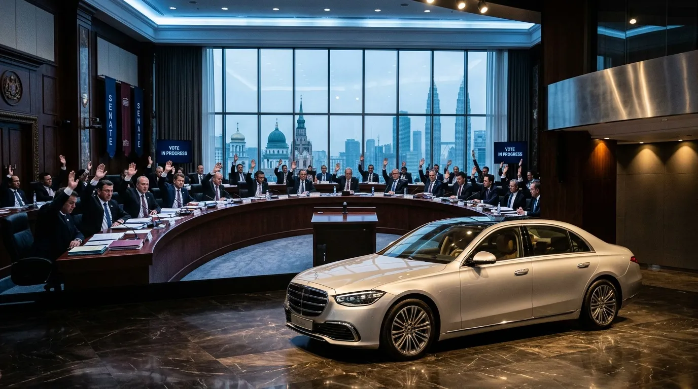 Weißer Luxuswagen präsentiert in futuristischem Boardroom mit Stadtblick