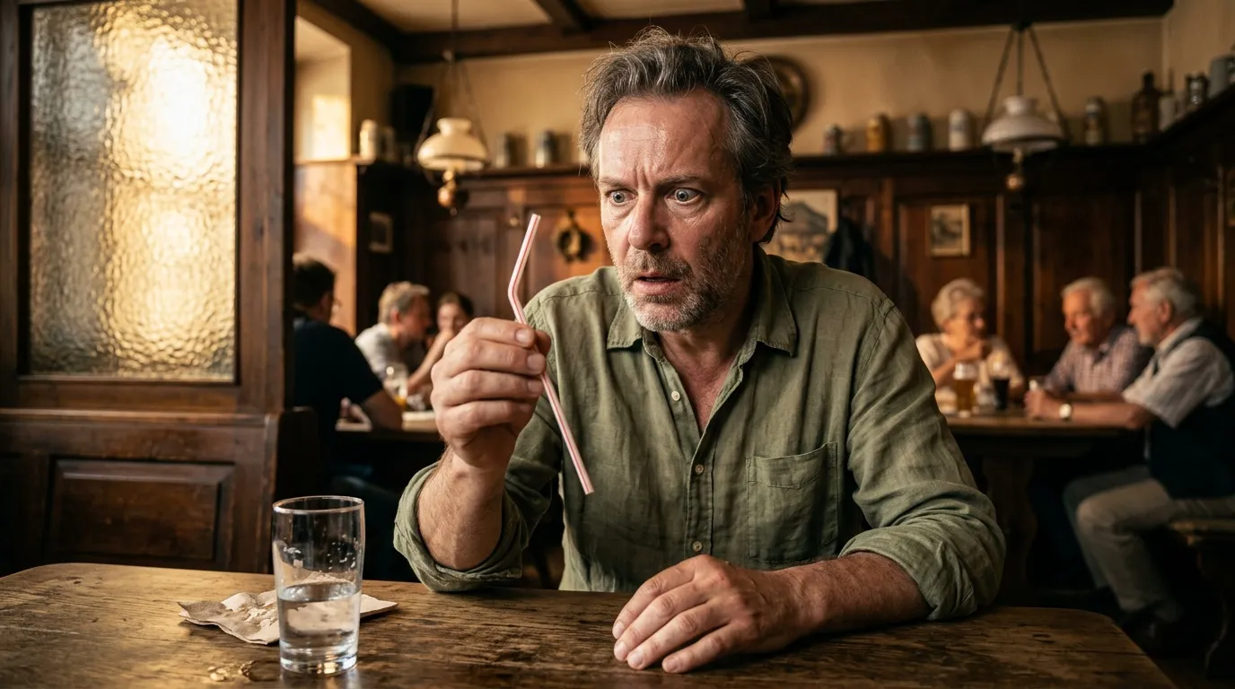Mann sitzt an Tresen in Bar und gestikuliert während er spricht.