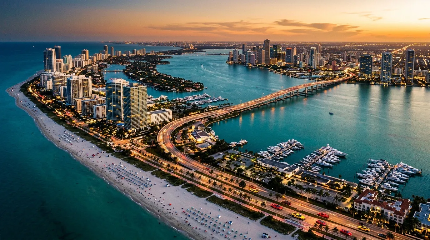 Luftaufnahme von Miami Beach mit Hochhäusern und türkisem Meer