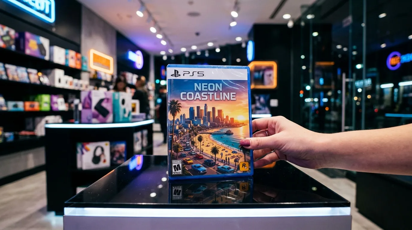 Hand hält PS5 Neon Coastline Spiel im Videospielgeschäft