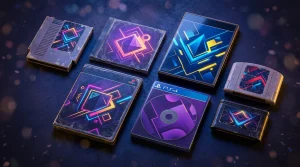 Sammlung bunter Neon-Videospiele auf dunklem Hintergrund