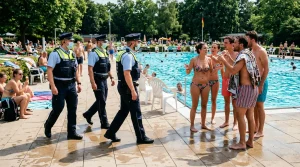 Polizisten patrouillieren am Schwimmbad zwischen Badegästen.
