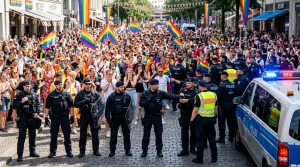 Polizisten sichern bunte Pride-Parade mit Regenbogenflaggen