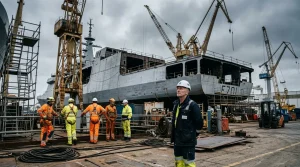 Arbeiter in Schutzkleidung bei Wartungsarbeiten an Kriegsschiff