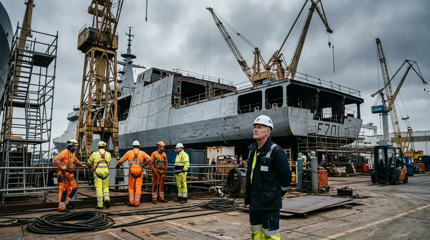 Arbeiter in Schutzkleidung bei Wartungsarbeiten an Kriegsschiff