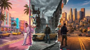 Drei Männer zwischen Neon-Pink und realistischer Großstadt-Szenerie