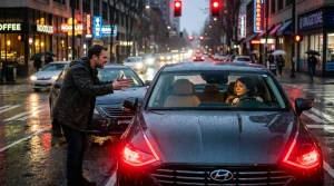 Mann spricht mit Frau im Auto auf regennasser Straße
