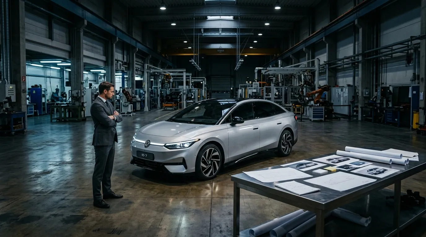 Mann betrachtet silbernen Volkswagen ID.7 in Produktionshalle