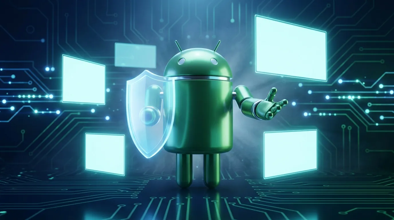 Android-Roboter mit Schutzschild in futuristischer digitaler Umgebung