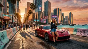 Frau mit rotem Sportwagen in futuristischer Strandstadt