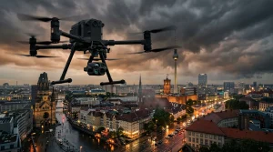 Drohne fliegt über Berlin mit Fernsehturm und historischen Gebäuden