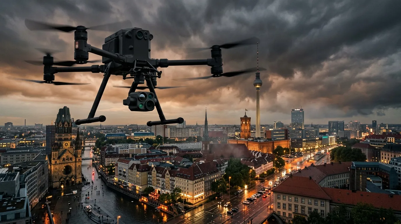 Drohne fliegt über Berlin mit Fernsehturm und historischen Gebäuden