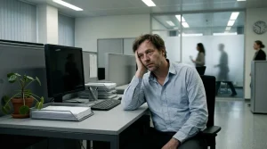 Mann sitzt müde an seinem Schreibtisch im Büro