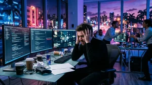 Entwickler sitzt frustriert vor mehreren Computerbildschirmen nachts