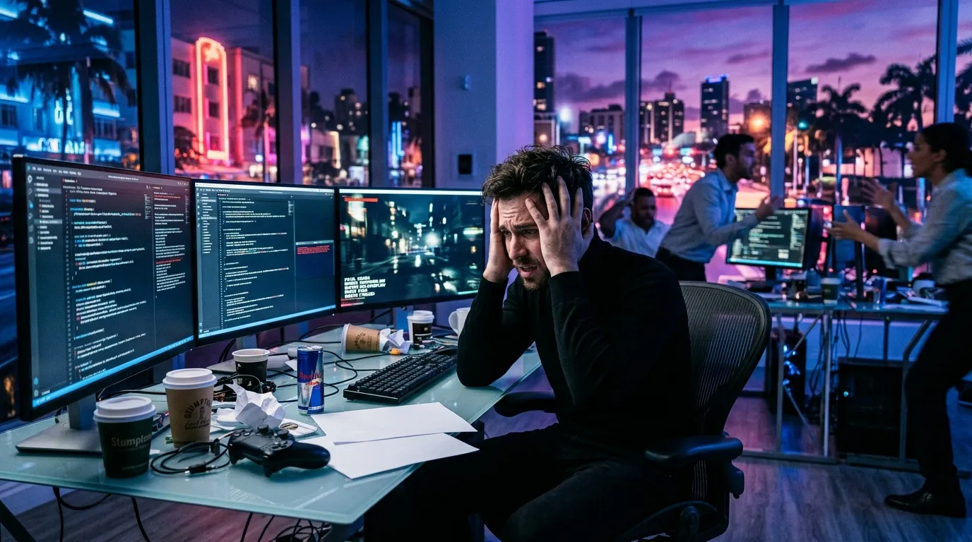 Entwickler sitzt frustriert vor mehreren Computerbildschirmen nachts