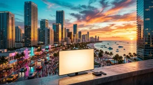 Fernseher auf Balkon mit Sonnenuntergang und Küstenstadt