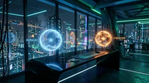 Holografische KI-Sphären in modernem Hightech-Workspace