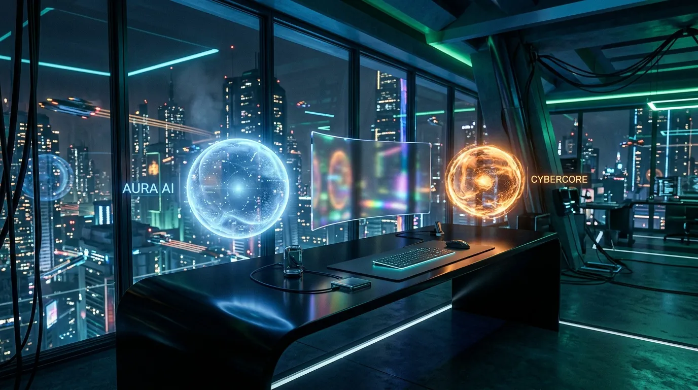 Holografische KI-Sphären in modernem Hightech-Workspace