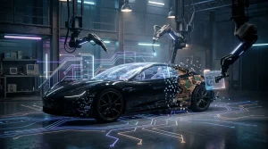 Schwarzes Auto wird von Roboterarmen in futuristischer Fabrik bearbeitet.