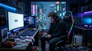 Mann sitzt im Gaming-Stuhl vor Bildschirmen mit Cyberpunk-Poster
