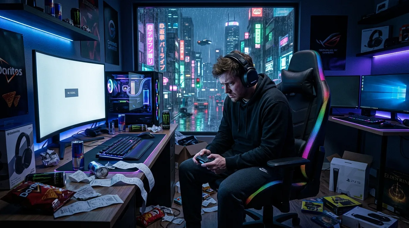 Mann sitzt im Gaming-Stuhl vor Bildschirmen mit Cyberpunk-Poster
