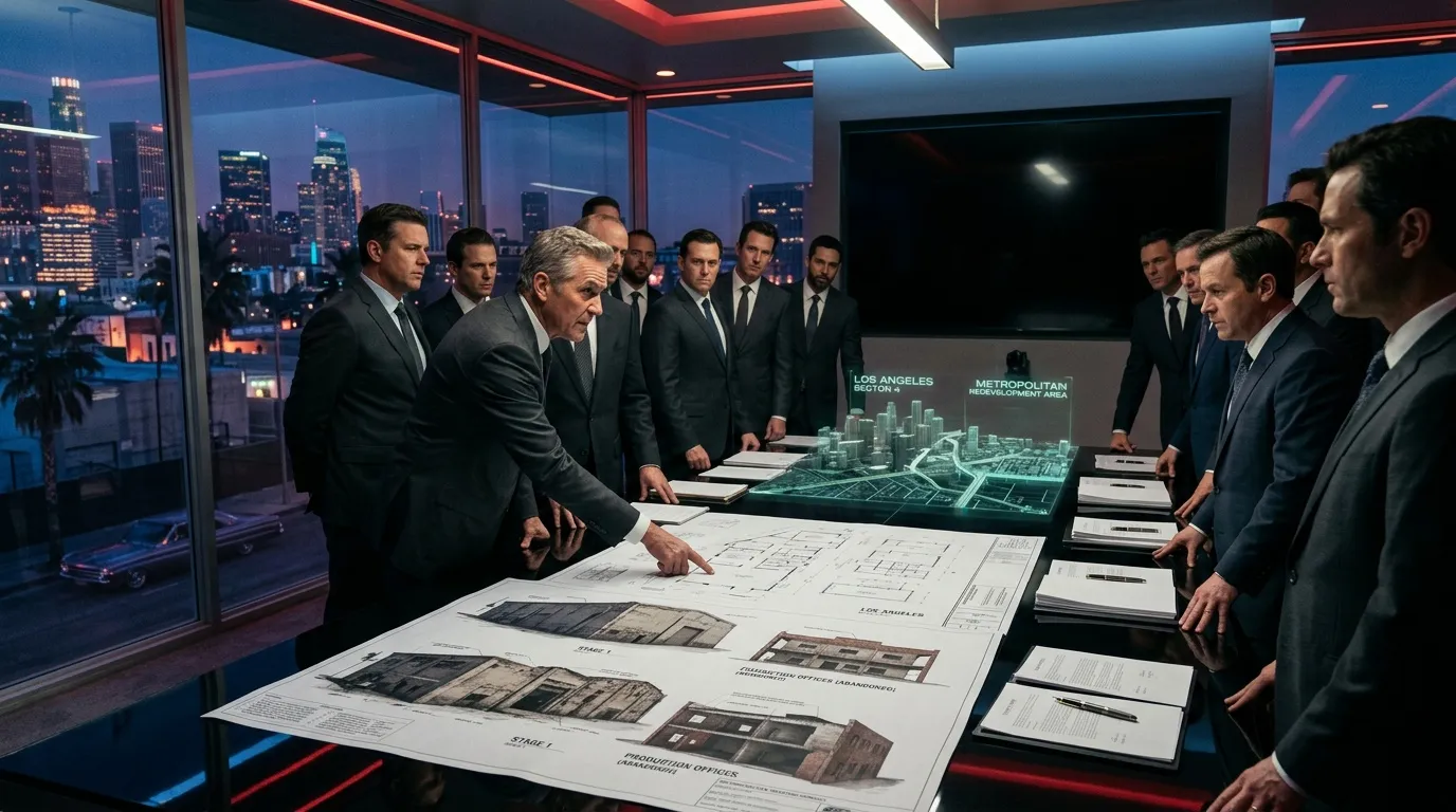 Geschäftsmänner besprechen Baupläne in modernem Büro mit Skyline