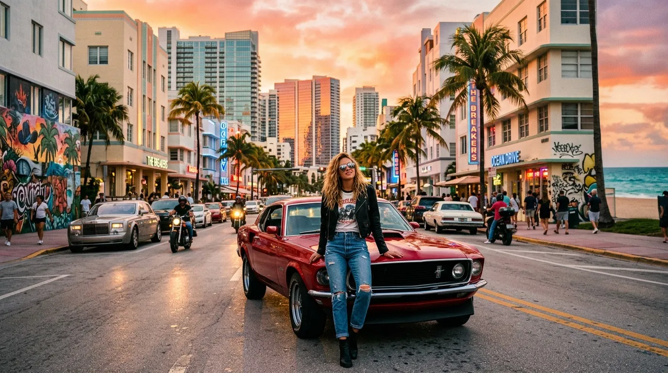 Frau mit Vintage-Auto in Strandpromenade bei Sonnenuntergang