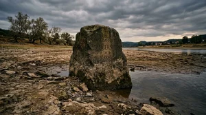 Historischer Hungerstein am Flussufer mit Jahreszahlen eingraviert